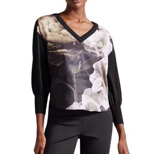 Ted Baker Hanaly floral front linen cotton blend knit top XL excellent condition